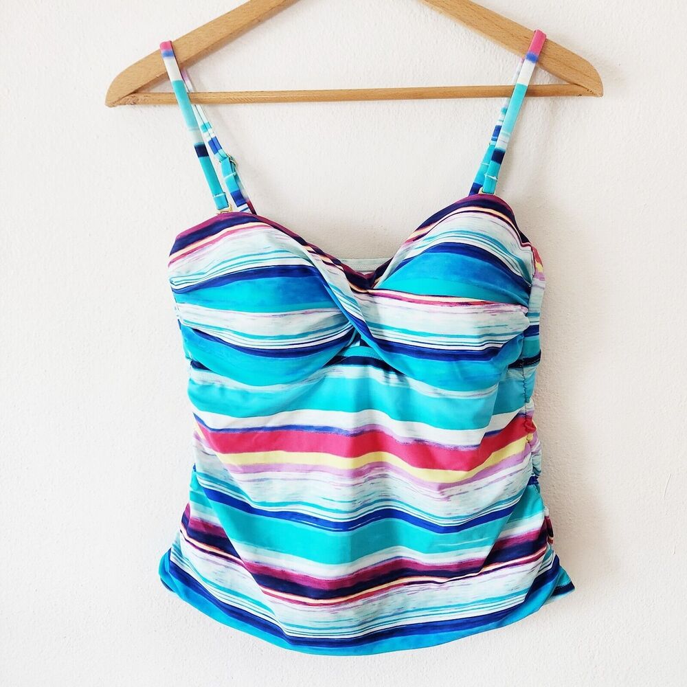 2Bamboo Womens Tankini Swim Top Padded Adjustable Strap Sz L Multicolor Rainbow.